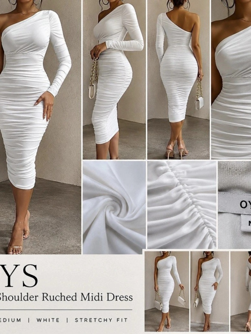 OYS White One Shoulder Ruched Bodycon Midi Dress – Medium